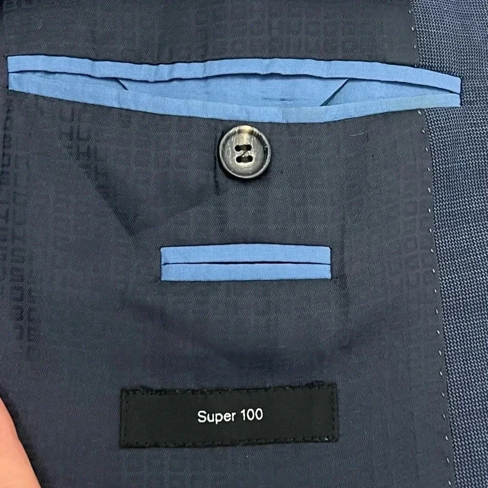 Hugo Boss Blue Micro Check Suit Jacket Blazer Coat Super 100 Modern Fit Men 42 L - Picture 9 of 12